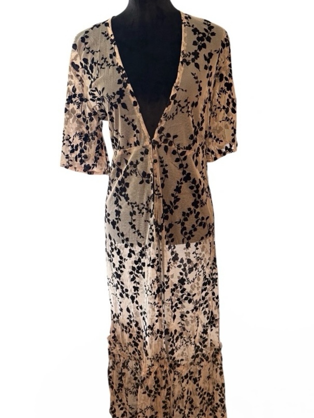 Beige Floral Sheer-Floral Velvet Maxi Kimono Cardigan